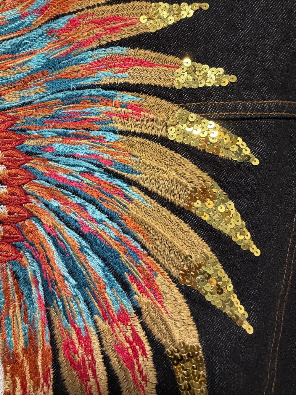 NWT Black Embroidered Denim Jacket with Colorful Headdress - Picture 7 of 10